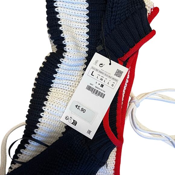 NWT Zara Navy/White Stripe Crop Open Back Tie Waist Knit Sweater Size Large - Picture 3 of 6